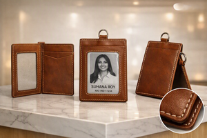WRIZA Porte-cartes d'identité en cuir marron de qualité supérieure avec fenêtre transparente, surpiqûres blanches, boucle métallique, design durable, élégant, usage quotidien, professionnel - Product Image 6