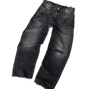 Jeans de mezclilla de cintura media, pierna ancha, desgastados y rotos, de algodón, corte holgado, para hombre, informales, para verano y otoño, ecológicos, en negro y azul claro. - Product Image 2