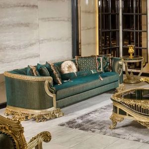 Sofá Seccional en Forma de L de Madera Maciza Verde Clásica de Lujo, Relleno de Esponja, Estilo Europeo, para Sala de Estar, Muebles de Indonesia - Product Image 1