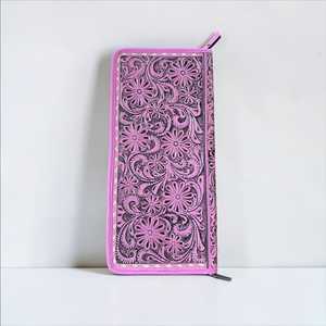 Vintage Genuine Leather Jewelry Wallet Case with Colorful Floral Embossing Zipper Closure Durable Storage Box - Product Image 1