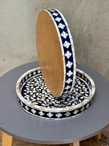 Round Large 16 Wood Luxury Eco-Friendly Floral Handmade Serving <b>Tray</b> Home Decor Great Gift Item - Product Image 6