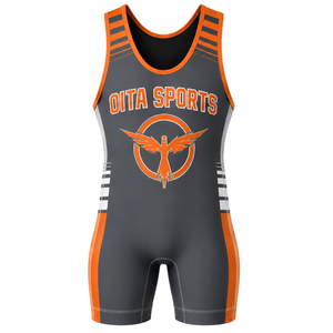 Combinaison de lutte sublimée gris-orange pour homme, sans manches, en polyester, uniforme sportif athlétique, tenue de compétition et d'entraînement - Product Image 2