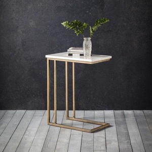 Ethinic Modern <b>Round</b> <b>White</b> Marble Side <b>Table</b> with Gold Metal Loop Pedestal Base Living Room Coffee <b>Table</b> - Product Image 6