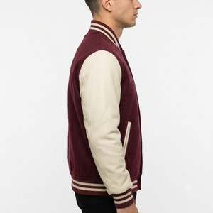<b>Men's</b> Maroon Varsity <b>Jacket</b> With Cream <b>Leather</b> Sleeves Stand Collar Button Closure Autumn Casual Outerwear Regular Fit - Product Image 4