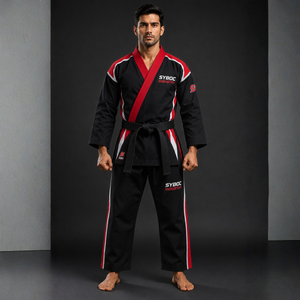 Kimono de karaté noir avec empiècements contrastants rouge et blanc, design à rayures diagonales, uniforme de compétition et de kumite, tenue d'arts martiaux personnalisable pour club - Product Image 1