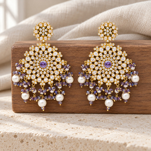 Pendientes de Araña Florales con Piedras Moradas Bañados en Oro y Perlas de Imitación, Joyería de Boda Pakistaní, Suministro al por Mayor Directo de Fábrica - Product Image 2
