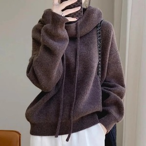 เสื้อสเวตเตอร์ไหมพรมมีฮู้ดทรงโอเวอร์ไซส์ สีพื้น เรียบง่าย แขนยาว ใส่ได้ทั้งชายและหญิง สำหรับฤดูใบไม้ร่วงและฤดูหนาว ผ้าไม่เป็นขุย - Product Image 1