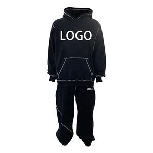 Custom Men's Cotton Sweatpants and Hoodies Set Contrast Stitch <b>Jogger</b> Sets <b>Oversized</b> Plain Tracksuit for Printing - Product Image 1