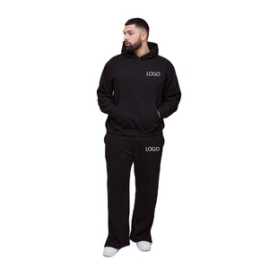 Ensemble de survêtement unisexe imprimé noir d'hiver personnalisé, style streetwear, pull à capuche, pantalon de survêtement ample à pattes évasées avec logo en strass - Product Image 1
