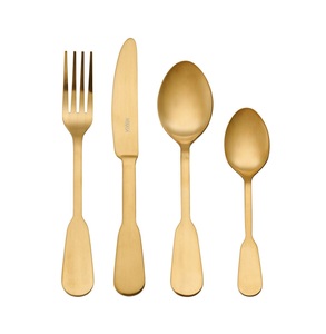 Modern Satin Gold Silverware <b>Set</b> - 4-Piece Contemporary Stainless Steel <b>Knife</b>, <b>Fork</b> & <b>Spoons</b>, Luxury Champagne Gold Finish - Product Image 1