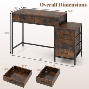 Scrivania Industriale per Casa e Ufficio con 5 Cassetti, Ripiano Reversibile per Stampante, Telaio in Metallo Resistente, Stile Rustico - Product Image 4