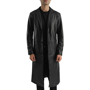 <b>Men's</b> <b>Black</b> Genuine Leather Long Sleeve Trench Coat Notched Collar Knee Length <b>Overcoat</b> - Product Image 2