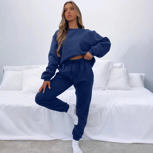 Conjunto Deportivo de Algodón Azul para Mujer, Cuello Redondo, Manga Larga, Corte Holgado, Color Sólido, Pantalones con Cordón, Ropa Casual de Otoño - Product Image 1