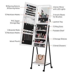 Full Mirror Wooden Floor Type 1 Shelf 4 Wheels White Light Strip Jewelry Storage Makeup Vanity Cabinet White - Product Image 6