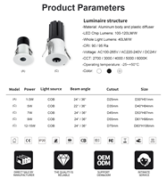 Mini spot LED COB compact en aluminium moulé sous pression, anti-éblouissement, pour plafond, idéal pour hôtels, angle de faisceau 24/36, garantie 3 ans