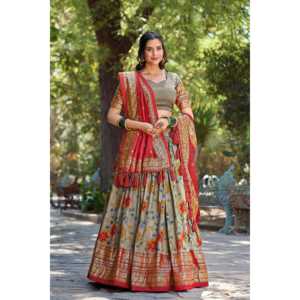 ชุดแต่งงานพิมพ์ลายผ้าไหม tussar & kalamkari lehenga choli กับ dupatta - Product Image 6