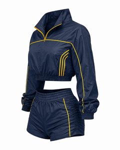 Women's Navy Blue 2-Piece Sports Set Full Sleeve Crop Top With Yellow Trim <b>High</b> Waist Shorts Spring Summer Sporty Style - Product Image 3