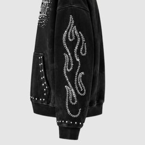 Sweat à capuche épais pour homme, coupe oversize, avec strass flamme sur le devant, logo et design personnalisés, imprimé par décoloration, streetwear éco-responsable - Product Image 5