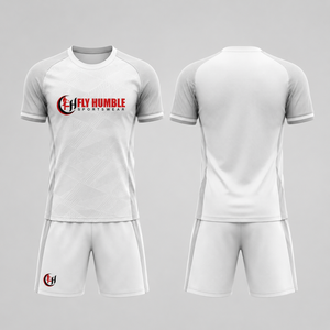Ensemble maillot et short de football unisexe Fly Humble noir et rouge rayé, col rond, manches courtes, anti-humidité, avec nom du joueur sur le devant - Product Image 3
