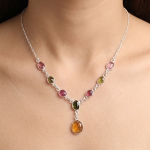 Natural Multi Tourmaline Necklace 925 Sterling Silver Handmade Gemstone Adjustable Link Chain Necklace Minimalist <b>Gift</b> for Women - Product Image 4