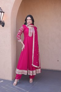 Elegant Pink Embroidered Anarkali Suit With Dupatta Floral Print Chiffon Maxi Dress Women's Ethnic Wear Pakistani Style - Product Image 1