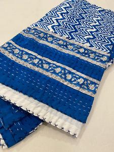 Blue Cotton Kantha <b>Quilt</b> With Marine Zig Zag Pattern Hand Block Printed Eco-Friendly Home Decor <b>Throw</b> Cover All-Season - Product Image 3