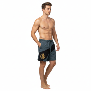 Shorts de bain brodés pour hommes à motif géométrique, séchage rapide, taille à cordon, décontractés, bleu foncé, noir, logo doré sur le devant - Product Image 4
