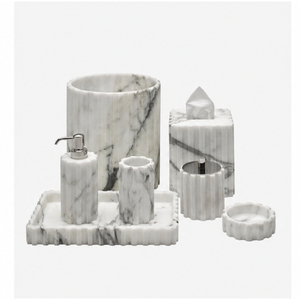 Ensemble d'accessoires de salle de bain en marbre blanc de luxe, distributeur de savon, porte-brosse à dents, boîte à mouchoirs et plateau pour la décoration moderne de la maison et de l'hôtel - Product Image 3