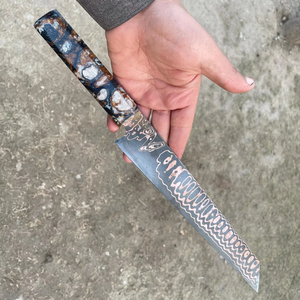 มีดเหล็กดามัสกัสทองแดงระดับมืออาชีพ - เหมาะสำหรับหั่นแฮม เนื้อบริสเก็ต ขนมปัง - ด้ามเรซิ่นคมกริบ รับประกัน 1 ปี - Product Image 1