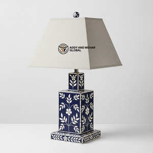 Handcrafted Blue Bone Inlay <b>Table</b> <b>Lantern</b> with Floral Pattern Luxury Tiered Square Decorative Bedside <b>Lamp</b> with Fabric Shade - Product Image 1