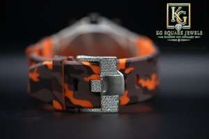 Montre mécanique chronographe avec incrustation de diamants, cadran rond, bracelet orange, lunette sertie de diamants, luxe et mode - Product Image 3