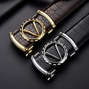 Crocodile Pattern <b>Gold</b> V Letter Buckle Cow Hide <b>Belt</b> Men Luxury Alligator Embossed Waistband for Suit - Product Image 6