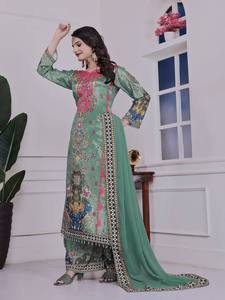 Kurta en soie verte brodée avec dupatta, tenue ethnique traditionnelle indienne et pakistanaise pour femmes, longueur au sol, vêtements de mariage - Product Image 1