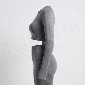 Ensemble de yoga sans couture pour femmes, haut court à manches longues, leggings taille haute, vêtements de sport respirants - Product Image 3