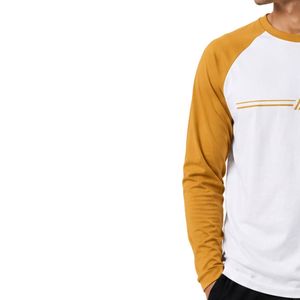 Camiseta de Manga Larga Raglán Blanca y Amarillo Mostaza para Hombre, Cuello Redondo, Algodón Premium, Estilo Casual, Béisbol, Personalizable, Ropa Urbana - Product Image 3