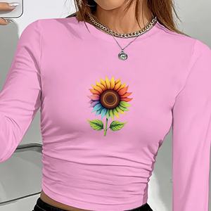 rainbow <b>sunflower</b> with green leaves women's fashion long sleeve <b>shirt</b> - Product Image 2