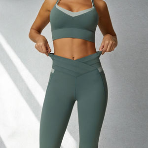 Conjunto Deportivo de Yoga y Pilates para Mujer, Marca Famosa, Diseño Sólido a Rayas, Transpirable, Elástico, Sin Costuras, con Textura Acanalada, Leggings para Gimnasio - Product Image 1