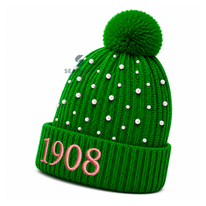 Alpha |   Kapa |   Bonnet en tricot acrylique pour femme Alpha, brodé de perles, orné d'un pompon, bord côtelé, bonnet d'hiver décontracté - Product Image 3
