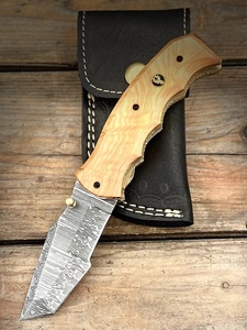Cuchillo Plegable de Caza Hecho a Mano con Hoja de Damasco, Punta Caída, Mango de Madera Natural, Funda de Cuero, para Camping al Aire Libre, Venta al por Mayor OEM ODM - Product Image 4