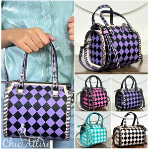 2026 New Arrival Purple Black Checkered Hand <b>Tooled</b> <b>Leather</b> Small Speedy Travel Bag Trending Travel Crossbody Duffel For Unisex - Product Image 1