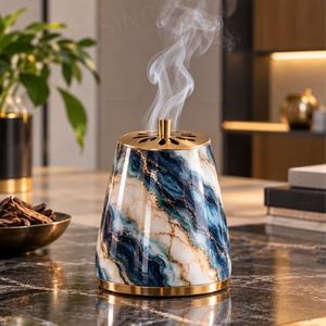 Brûleur d'encens en métal en forme de sablier sculptural avec design hydrographique personnalisé - Product Image 1