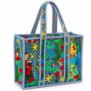 Bohemian Canvas Tote <b>Bag</b> Panelled Floral Pattern Blue <b>White</b> Stripe Trim Water Resistant Open Top Shopping <b>Bag</b> All Seasons - Product Image 1