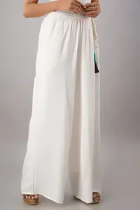 Breezy Khadi Cotton Yarn Dyed Palazzo Pants Relaxed Fit White Wide Leg Tasselled <b>Lounge</b> <b>Trousers</b> - Product Image 3