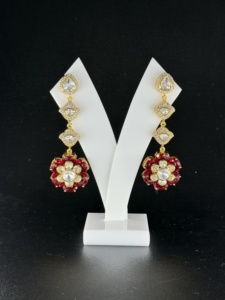 925 Sterling Silver Polki Dangle <b>Earrings</b> Nano <b>Red</b> Flower Shape Indian Jewelry for Women gift for her - Product Image 1