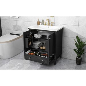 Mobile Bagno Multifunzionale da 30 Pollici con Struttura Solida in MDF, Lavabo Integrato, Mobile Nero con Ante e Cassetto - Product Image 6