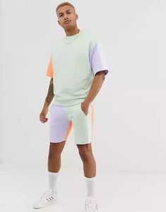 สินค้าขายดีมาใหม่ เสื้อยืดแขนสั้นและกางเกงขาสั้นชุดคู่สำหรับผู้ชาย สีตัดกัน ชุดคู่สำหรับผู้ใหญ่ - Product Image 1