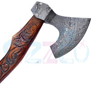 Custom Full Tang Damascus Steel Hunting Camping Bearded <b>Axe</b> Wood <b>Handle</b> Tomahawk Real Hatchet with Leather Sheath, Ideal Gift - Product Image 2