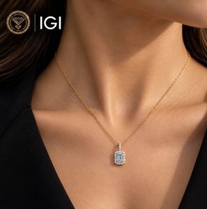 Pendentif en diamant de laboratoire taille émeraude, or massif 14K, avec halo pavé, 1,40 carat DEF VVS, certifié IGI, pour fiançailles, ODM - Product Image 2