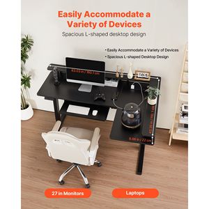 Scrivania da Gaming a L Regolabile Elettricamente per Carichi Pesanti con Doppio Gancio e Vassoio Tastiera, Tavolo Angolare per Computer - Product Image 3