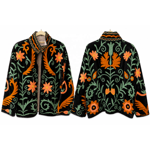 Ladies Kashmiri Aari Reversible Eco-Friendly Floral Pattern Quilted <b>Leather</b> <b>Blazer</b> <b>Jacket</b>-Lightweight Winter Outerwear - Product Image 3